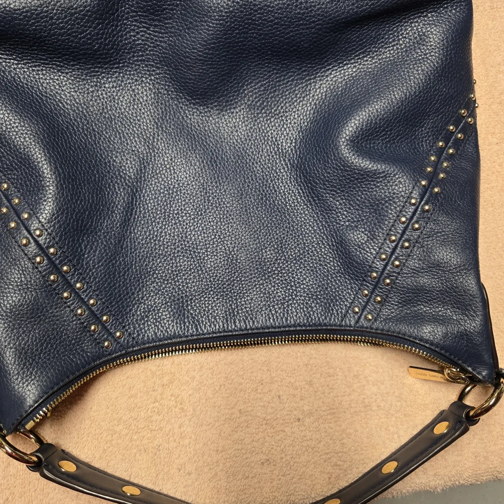 Michael Kors Navy Blue Leather Studded Shoulder Bag with Gold Hardware
